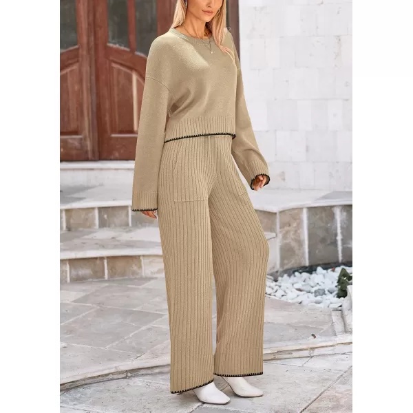 PRETTYGARDEN Womens 2 Piece Fall Outfits Long Sleeve Crop Top Wide Leg Pants Knit Pullover Sweater Lounge SetKhaki