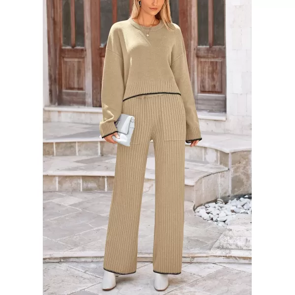 PRETTYGARDEN Womens 2 Piece Fall Outfits Long Sleeve Crop Top Wide Leg Pants Knit Pullover Sweater Lounge SetKhaki
