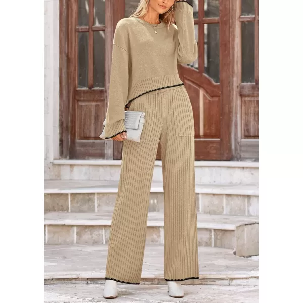 PRETTYGARDEN Womens 2 Piece Fall Outfits Long Sleeve Crop Top Wide Leg Pants Knit Pullover Sweater Lounge SetKhaki