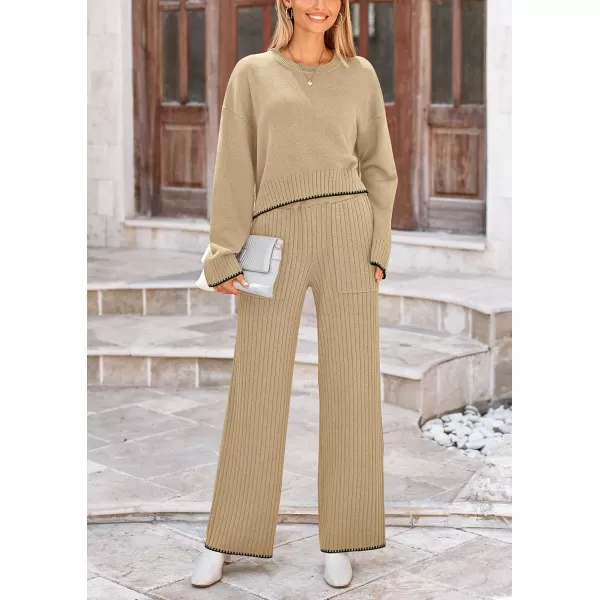 PRETTYGARDEN Womens 2 Piece Fall Outfits Long Sleeve Crop Top Wide Leg Pants Knit Pullover Sweater Lounge SetKhaki