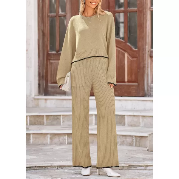 PRETTYGARDEN Womens 2 Piece Fall Outfits Long Sleeve Crop Top Wide Leg Pants Knit Pullover Sweater Lounge SetKhaki
