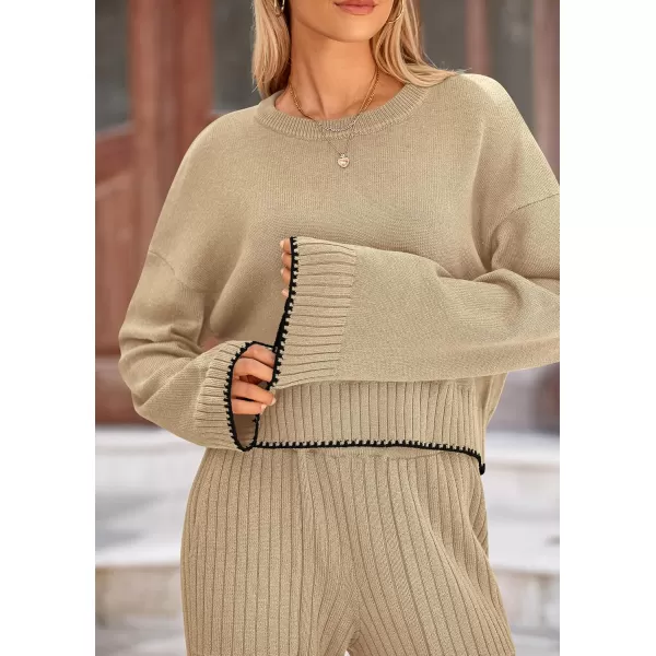 PRETTYGARDEN Womens 2 Piece Fall Outfits Long Sleeve Crop Top Wide Leg Pants Knit Pullover Sweater Lounge SetKhaki