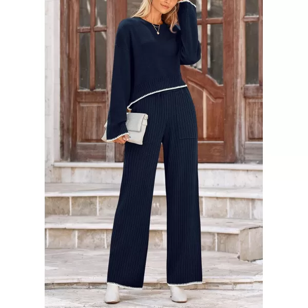 PRETTYGARDEN Womens 2 Piece Fall Outfits Long Sleeve Crop Top Wide Leg Pants Knit Pullover Sweater Lounge SetNavy