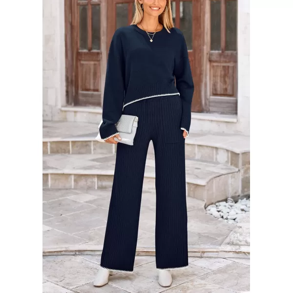 PRETTYGARDEN Womens 2 Piece Fall Outfits Long Sleeve Crop Top Wide Leg Pants Knit Pullover Sweater Lounge SetNavy