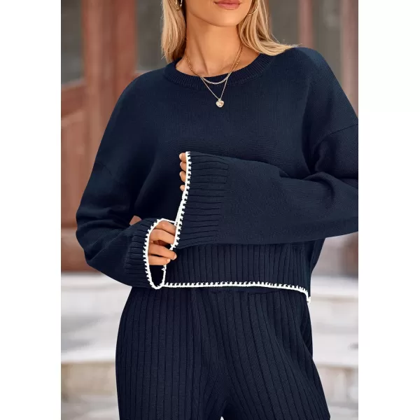 PRETTYGARDEN Womens 2 Piece Fall Outfits Long Sleeve Crop Top Wide Leg Pants Knit Pullover Sweater Lounge SetNavy