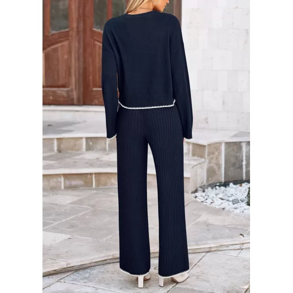 PRETTYGARDEN Womens 2 Piece Fall Outfits Long Sleeve Crop Top Wide Leg Pants Knit Pullover Sweater Lounge SetNavy