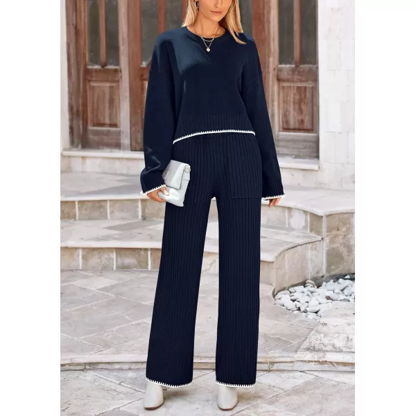 PRETTYGARDEN Womens 2 Piece Fall Outfits Long Sleeve Crop Top Wide Leg Pants Knit Pullover Sweater Lounge SetNavy
