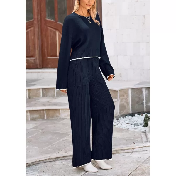 PRETTYGARDEN Womens 2 Piece Fall Outfits Long Sleeve Crop Top Wide Leg Pants Knit Pullover Sweater Lounge SetNavy