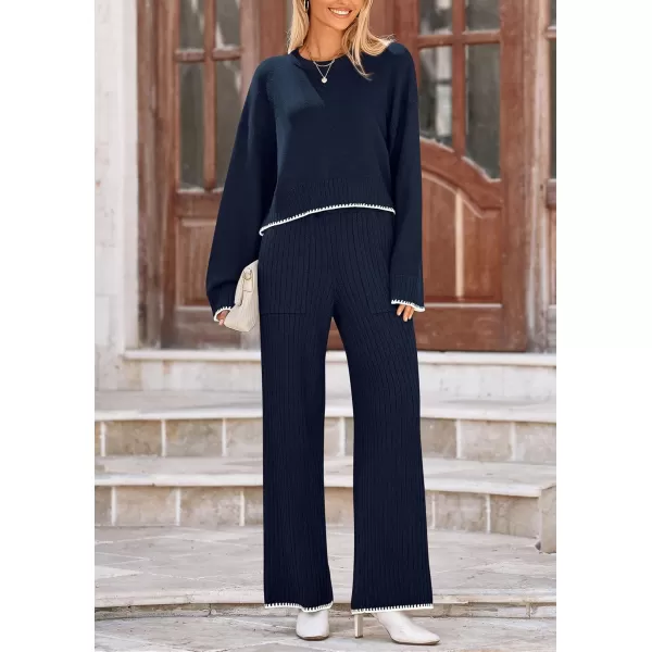 PRETTYGARDEN Womens 2 Piece Fall Outfits Long Sleeve Crop Top Wide Leg Pants Knit Pullover Sweater Lounge SetNavy