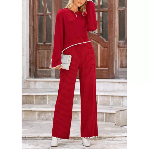 PRETTYGARDEN Womens 2 Piece Fall Outfits Long Sleeve Crop Top Wide Leg Pants Knit Pullover Sweater Lounge SetRed