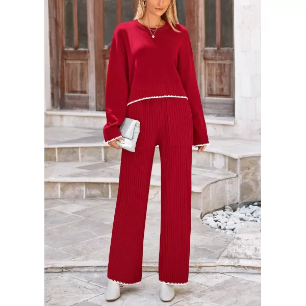 PRETTYGARDEN Womens 2 Piece Fall Outfits Long Sleeve Crop Top Wide Leg Pants Knit Pullover Sweater Lounge SetRed