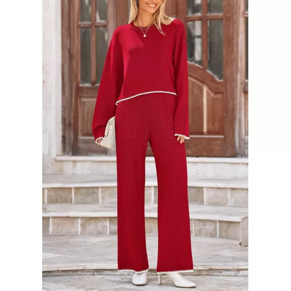 PRETTYGARDEN Womens 2 Piece Fall Outfits Long Sleeve Crop Top Wide Leg Pants Knit Pullover Sweater Lounge SetRed