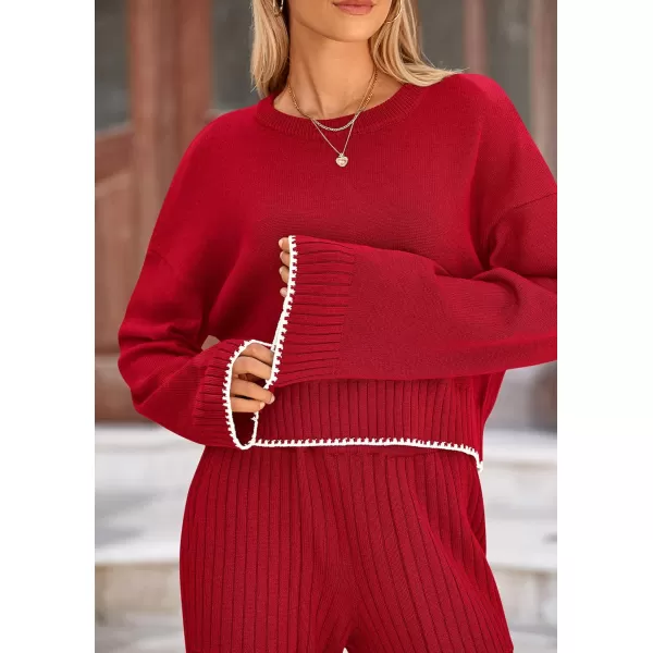 PRETTYGARDEN Womens 2 Piece Fall Outfits Long Sleeve Crop Top Wide Leg Pants Knit Pullover Sweater Lounge SetRed