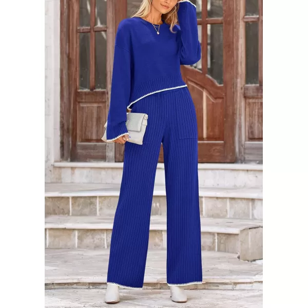 PRETTYGARDEN Womens 2 Piece Fall Outfits Long Sleeve Crop Top Wide Leg Pants Knit Pullover Sweater Lounge SetRoyal Blue