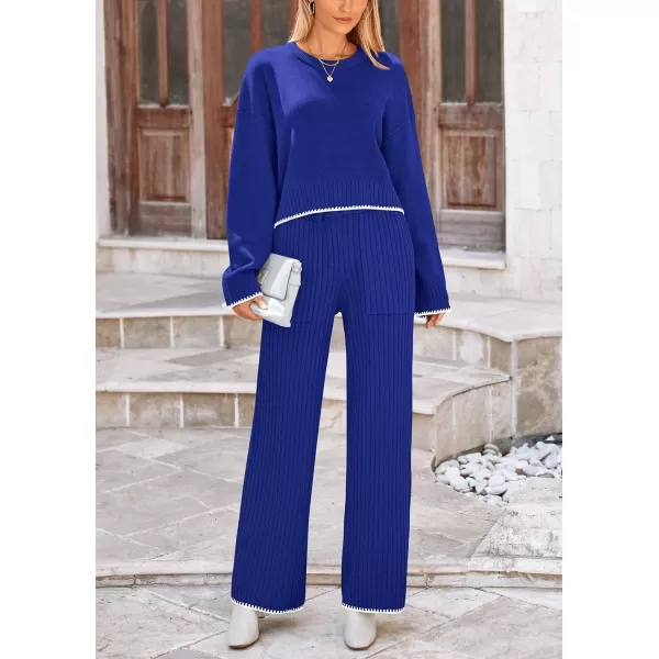 PRETTYGARDEN Womens 2 Piece Fall Outfits Long Sleeve Crop Top Wide Leg Pants Knit Pullover Sweater Lounge SetRoyal Blue