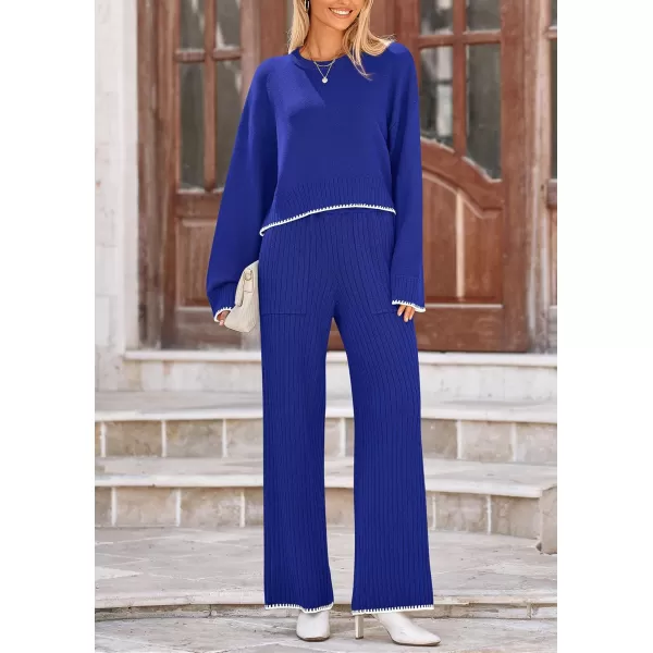 PRETTYGARDEN Womens 2 Piece Fall Outfits Long Sleeve Crop Top Wide Leg Pants Knit Pullover Sweater Lounge SetRoyal Blue
