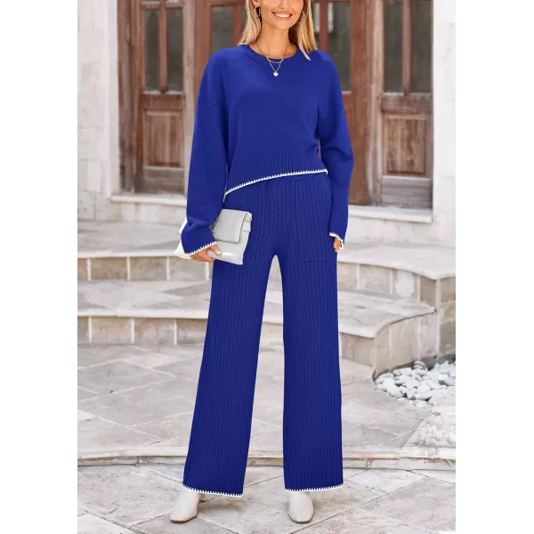 PRETTYGARDEN Womens 2 Piece Fall Outfits Long Sleeve Crop Top Wide Leg Pants Knit Pullover Sweater Lounge SetRoyal Blue