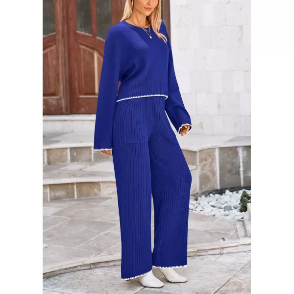 PRETTYGARDEN Womens 2 Piece Fall Outfits Long Sleeve Crop Top Wide Leg Pants Knit Pullover Sweater Lounge SetRoyal Blue