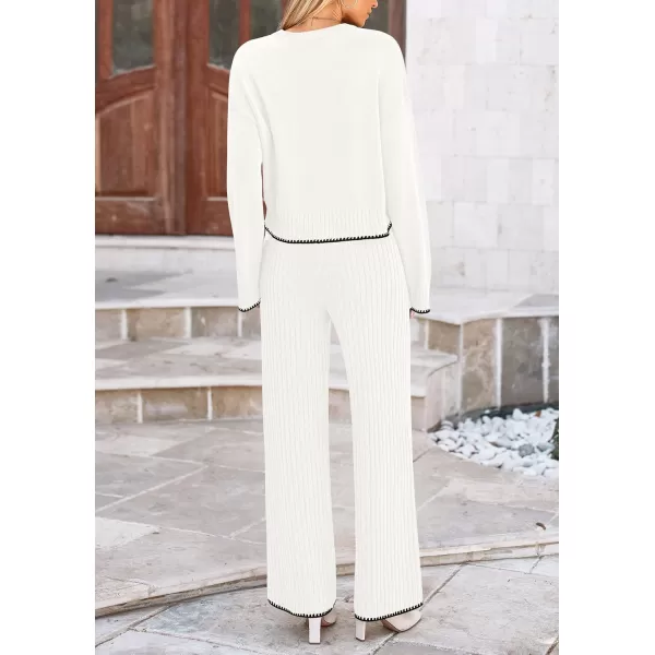 PRETTYGARDEN Womens 2 Piece Fall Outfits Long Sleeve Crop Top Wide Leg Pants Knit Pullover Sweater Lounge SetWhite