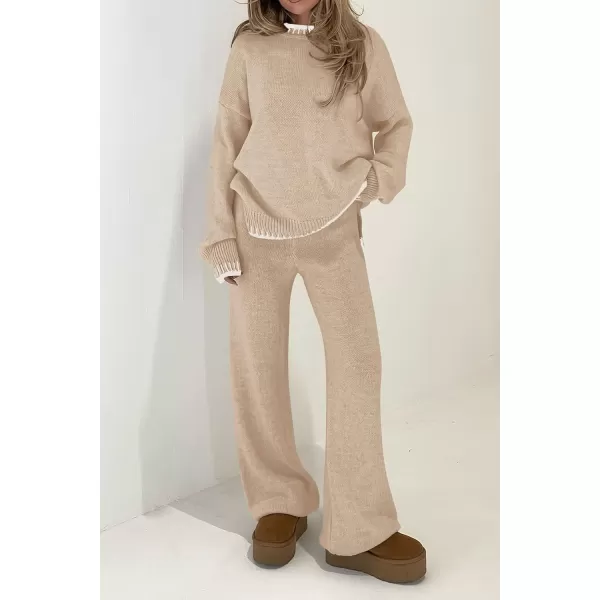 PRETTYGARDEN Womens 2 Piece Knit Sweater Outfit Casual Long Sleeve Pullover Wide Leg Pants Tracksuit Loungewear SetBeige Apricot