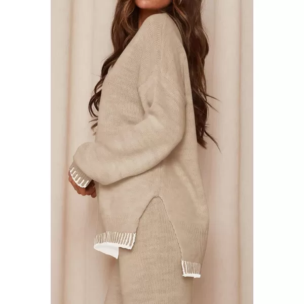 PRETTYGARDEN Womens 2 Piece Knit Sweater Outfit Casual Long Sleeve Pullover Wide Leg Pants Tracksuit Loungewear SetBeige Apricot