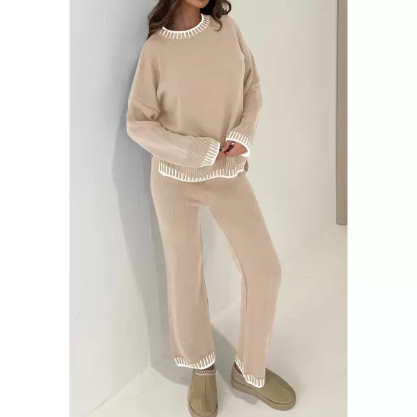 PRETTYGARDEN Womens 2 Piece Knit Sweater Outfit Casual Long Sleeve Pullover Wide Leg Pants Tracksuit Loungewear SetBeige Apricot