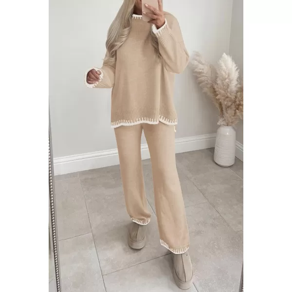 PRETTYGARDEN Womens 2 Piece Knit Sweater Outfit Casual Long Sleeve Pullover Wide Leg Pants Tracksuit Loungewear SetBeige Apricot