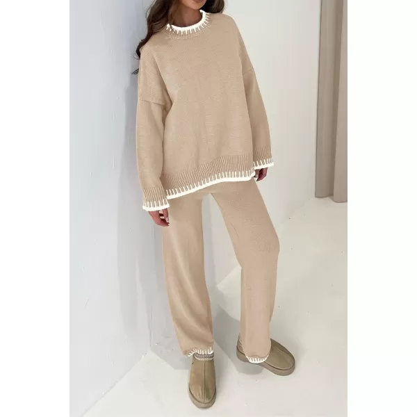 PRETTYGARDEN Womens 2 Piece Knit Sweater Outfit Casual Long Sleeve Pullover Wide Leg Pants Tracksuit Loungewear SetBeige Apricot