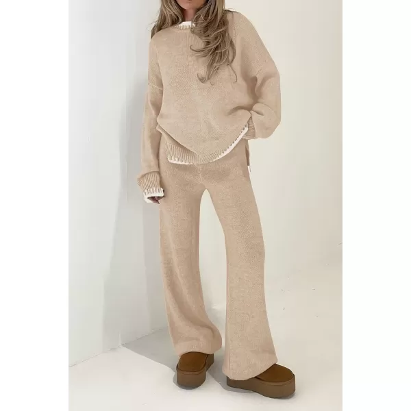 PRETTYGARDEN Womens 2 Piece Knit Sweater Outfit Casual Long Sleeve Pullover Wide Leg Pants Tracksuit Loungewear SetBeige Apricot