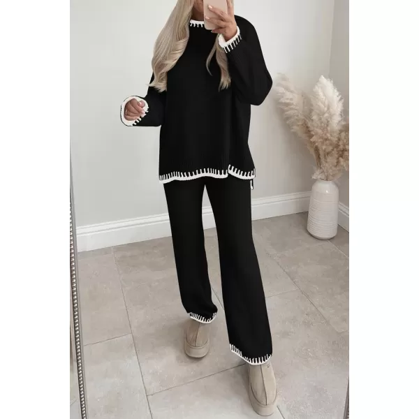 PRETTYGARDEN Womens 2 Piece Knit Sweater Outfit Casual Long Sleeve Pullover Wide Leg Pants Tracksuit Loungewear SetBlack