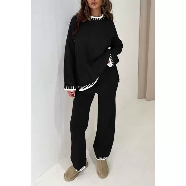 PRETTYGARDEN Womens 2 Piece Knit Sweater Outfit Casual Long Sleeve Pullover Wide Leg Pants Tracksuit Loungewear SetBlack