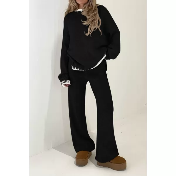 PRETTYGARDEN Womens 2 Piece Knit Sweater Outfit Casual Long Sleeve Pullover Wide Leg Pants Tracksuit Loungewear SetBlack