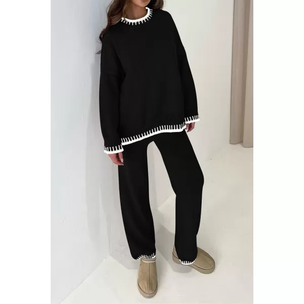 PRETTYGARDEN Womens 2 Piece Knit Sweater Outfit Casual Long Sleeve Pullover Wide Leg Pants Tracksuit Loungewear SetBlack
