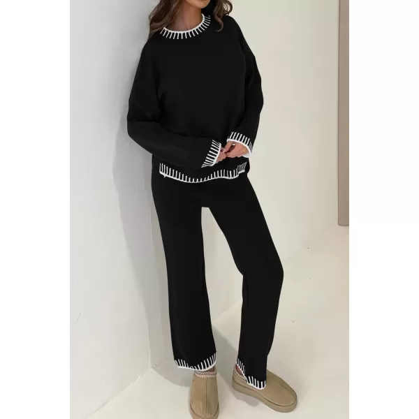PRETTYGARDEN Womens 2 Piece Knit Sweater Outfit Casual Long Sleeve Pullover Wide Leg Pants Tracksuit Loungewear SetBlack