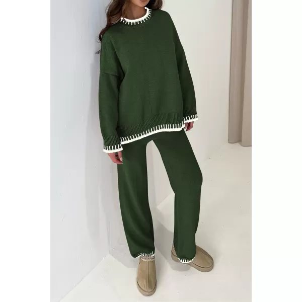 PRETTYGARDEN Womens 2 Piece Knit Sweater Outfit Casual Long Sleeve Pullover Wide Leg Pants Tracksuit Loungewear SetDark Green