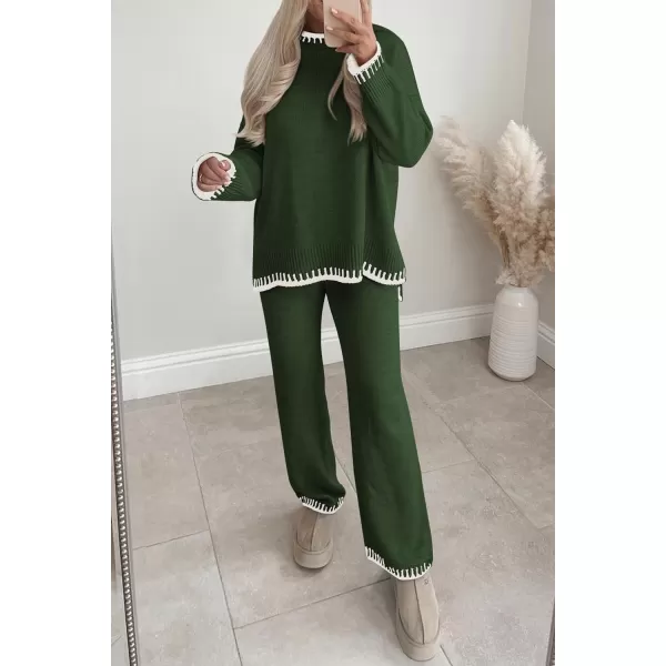 PRETTYGARDEN Womens 2 Piece Knit Sweater Outfit Casual Long Sleeve Pullover Wide Leg Pants Tracksuit Loungewear SetDark Green