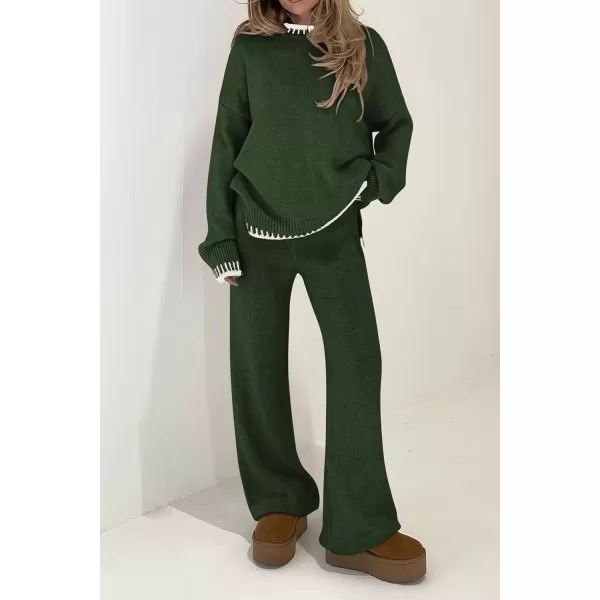 PRETTYGARDEN Womens 2 Piece Knit Sweater Outfit Casual Long Sleeve Pullover Wide Leg Pants Tracksuit Loungewear SetDark Green