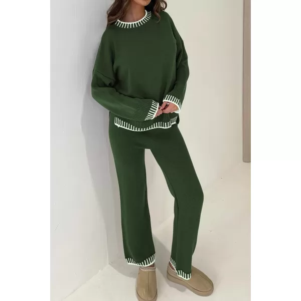 PRETTYGARDEN Womens 2 Piece Knit Sweater Outfit Casual Long Sleeve Pullover Wide Leg Pants Tracksuit Loungewear SetDark Green