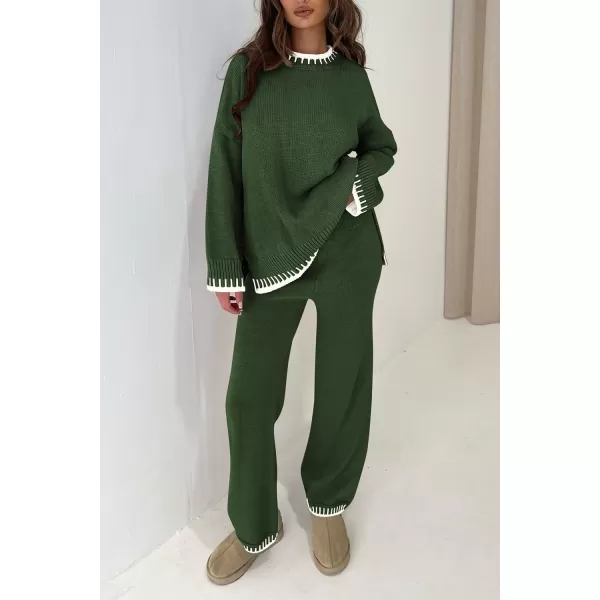 PRETTYGARDEN Womens 2 Piece Knit Sweater Outfit Casual Long Sleeve Pullover Wide Leg Pants Tracksuit Loungewear SetDark Green