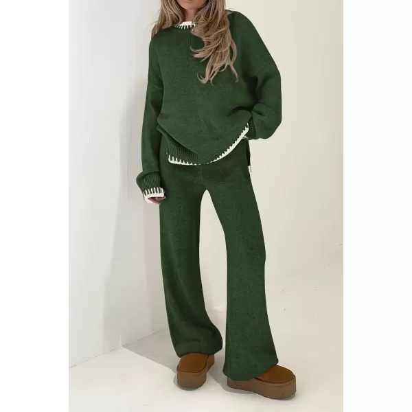 PRETTYGARDEN Womens 2 Piece Knit Sweater Outfit Casual Long Sleeve Pullover Wide Leg Pants Tracksuit Loungewear SetDark Green