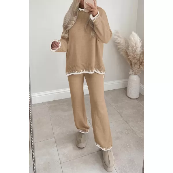 PRETTYGARDEN Womens 2 Piece Knit Sweater Outfit Casual Long Sleeve Pullover Wide Leg Pants Tracksuit Loungewear SetKhaki