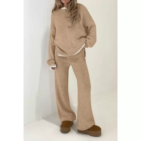 PRETTYGARDEN Womens 2 Piece Knit Sweater Outfit Casual Long Sleeve Pullover Wide Leg Pants Tracksuit Loungewear SetKhaki