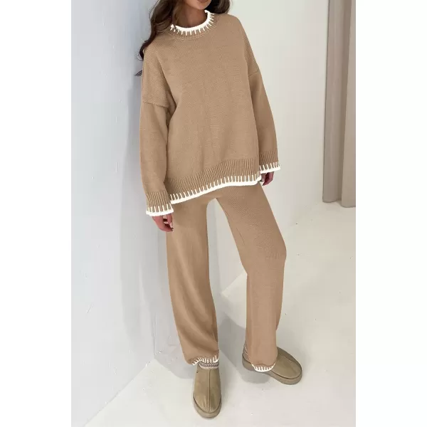 PRETTYGARDEN Womens 2 Piece Knit Sweater Outfit Casual Long Sleeve Pullover Wide Leg Pants Tracksuit Loungewear SetKhaki