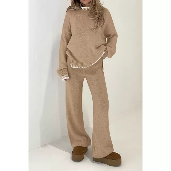 PRETTYGARDEN Womens 2 Piece Knit Sweater Outfit Casual Long Sleeve Pullover Wide Leg Pants Tracksuit Loungewear SetKhaki