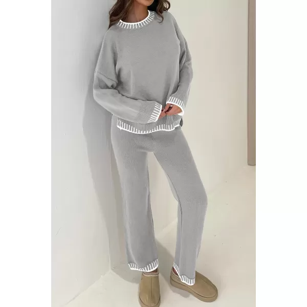 PRETTYGARDEN Womens 2 Piece Knit Sweater Outfit Casual Long Sleeve Pullover Wide Leg Pants Tracksuit Loungewear SetLight Grey