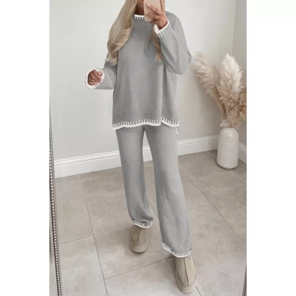 PRETTYGARDEN Womens 2 Piece Knit Sweater Outfit Casual Long Sleeve Pullover Wide Leg Pants Tracksuit Loungewear SetLight Grey