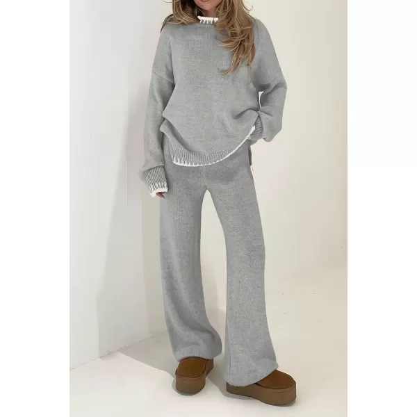 PRETTYGARDEN Womens 2 Piece Knit Sweater Outfit Casual Long Sleeve Pullover Wide Leg Pants Tracksuit Loungewear SetLight Grey