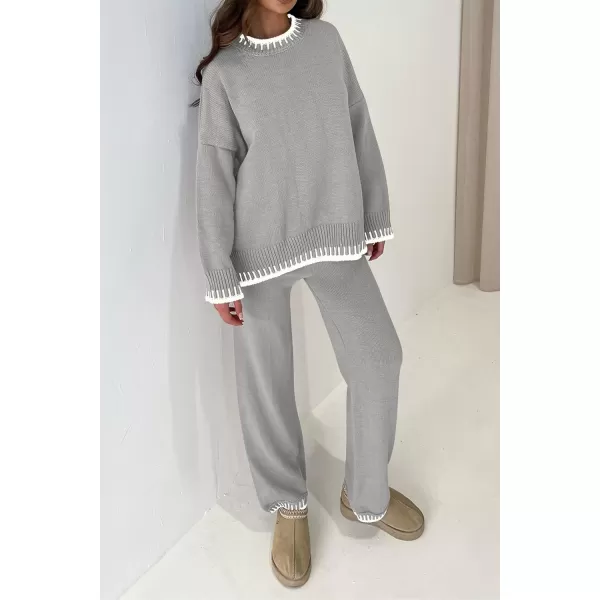 PRETTYGARDEN Womens 2 Piece Knit Sweater Outfit Casual Long Sleeve Pullover Wide Leg Pants Tracksuit Loungewear SetLight Grey