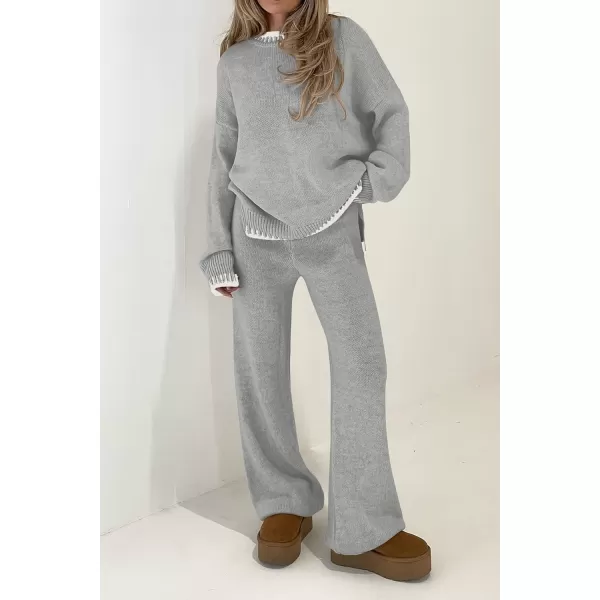 PRETTYGARDEN Womens 2 Piece Knit Sweater Outfit Casual Long Sleeve Pullover Wide Leg Pants Tracksuit Loungewear SetLight Grey