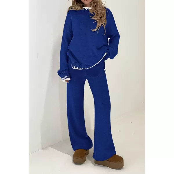 PRETTYGARDEN Womens 2 Piece Knit Sweater Outfit Casual Long Sleeve Pullover Wide Leg Pants Tracksuit Loungewear SetRoyal Blue